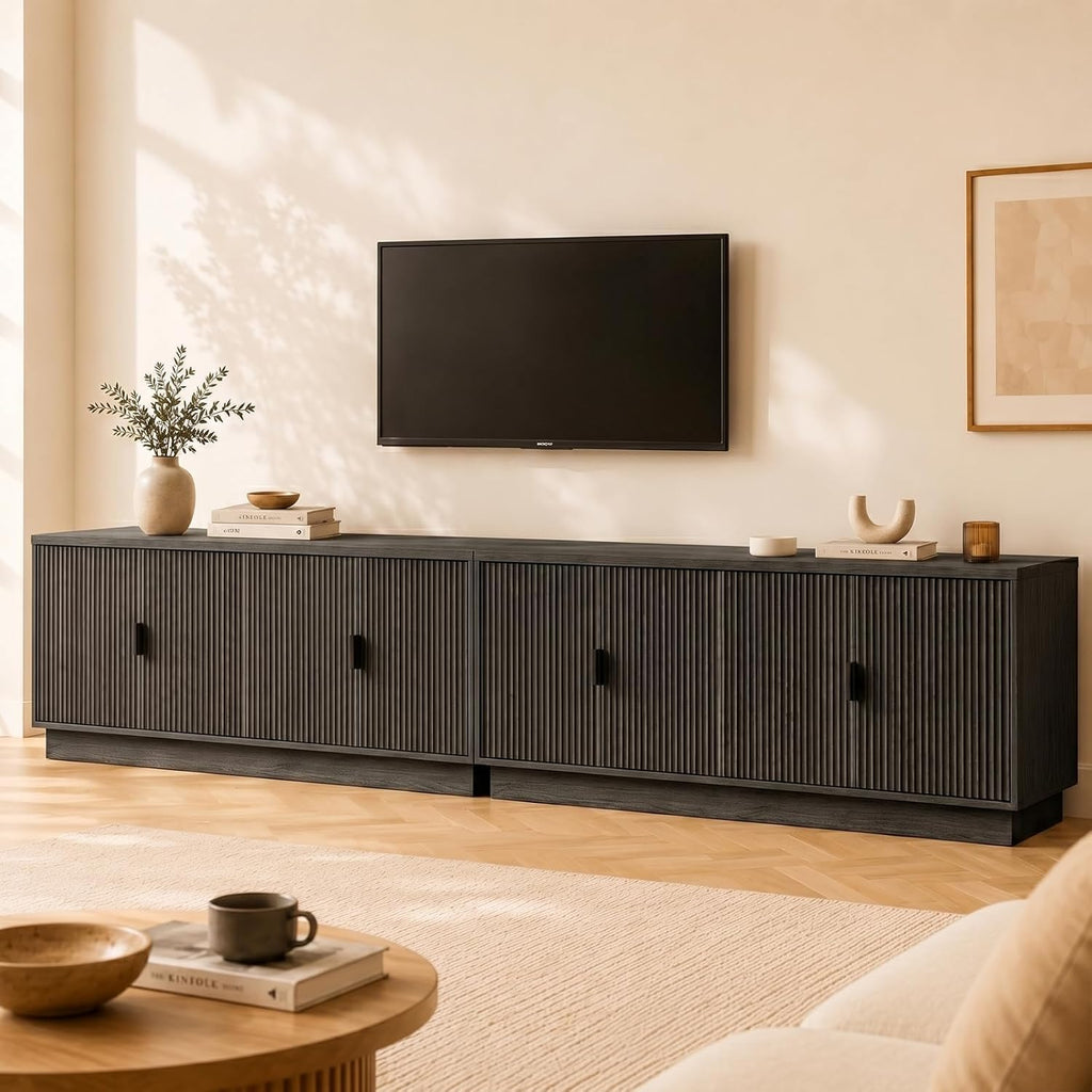 Fluted TV Stand for up to 75" TVs, 68" Entertainment Center with 4 Doors, Modern Media Console with Adjustable