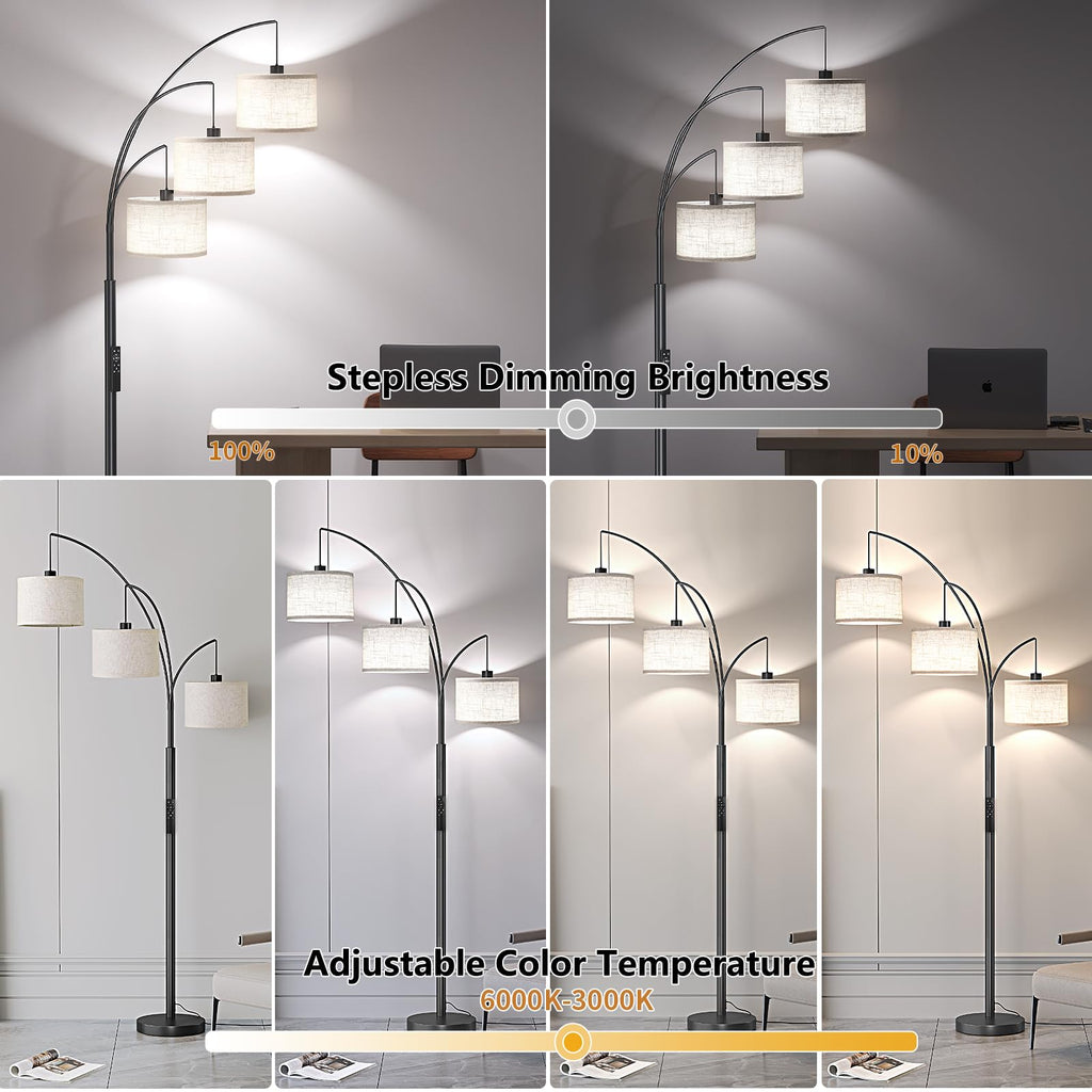 3 Lights Floor Lamp with Remote Control and 3 Stepless Dimmable Bulbs, 78" Tall Standing Lamp with Hanging Drum Shade