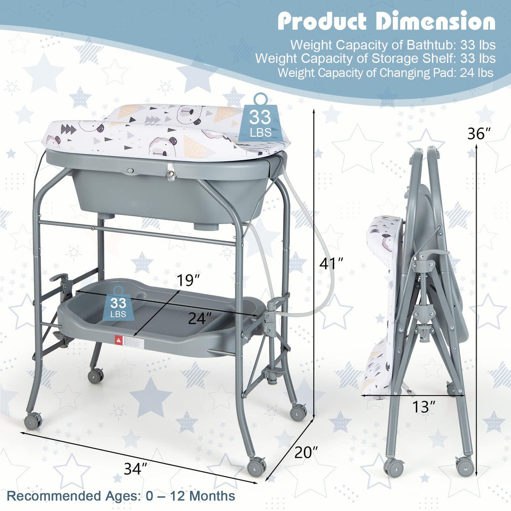 Bathtub with Stand, 2 in 1 Bath Tub & Changing Table, Foldable Infant Diaper Changing Station with Wheels, Storage