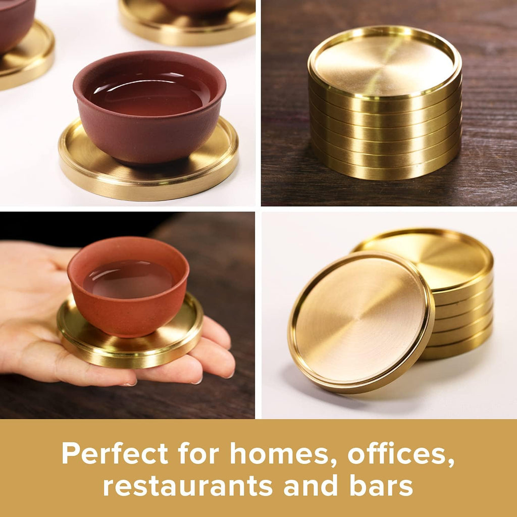 Heavy Brass Coasters for Drinks (6-Pack) - Solid Bronze Gold Coasters - Classy MCM Style Premium Coaster Set - 5 Star - Set of 6