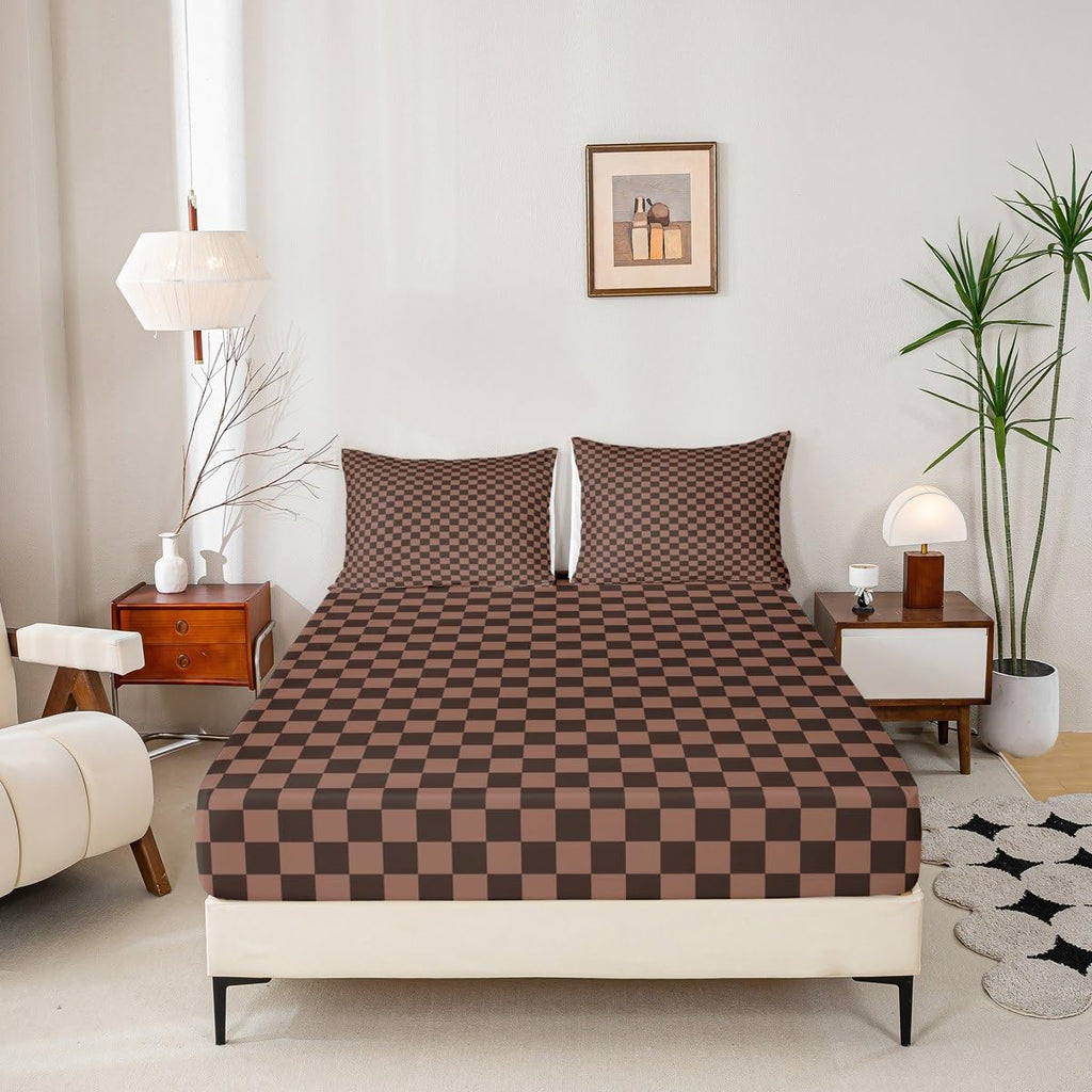 Chocolate Checkerboard Fitted Sheet Set with 2 Pillowcase, Brown Squares Buffalo Checkered Grids Microfiber Mattress