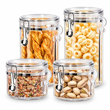 4pc Clear Canister Set with Clamp Lids & Spoons - Airtight Food Storage Containers, Ideal & Pantry Storage of Bulk