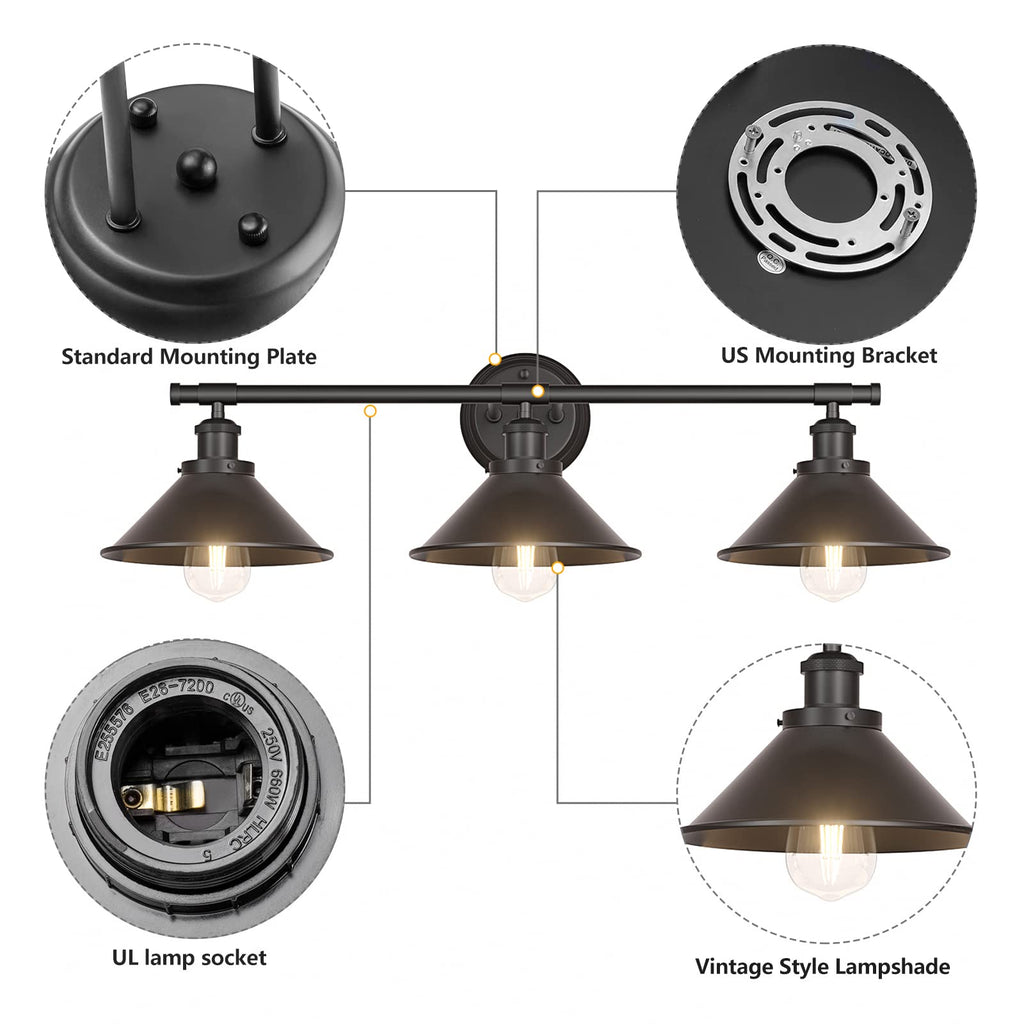 3-Light Black Bathroom Vanity Light Fixtures Over Mirror, Farmhouse Vanity Wall Sconce Lighting with Metal Shade