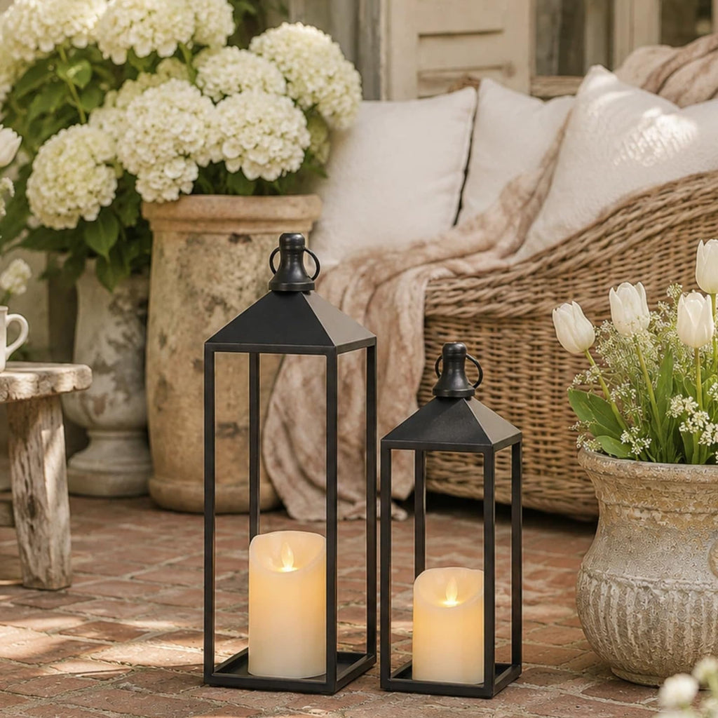 Lanterns Decorative Outdoor Indoor, 17" 13" Set of 2 Black Candle Lanterns