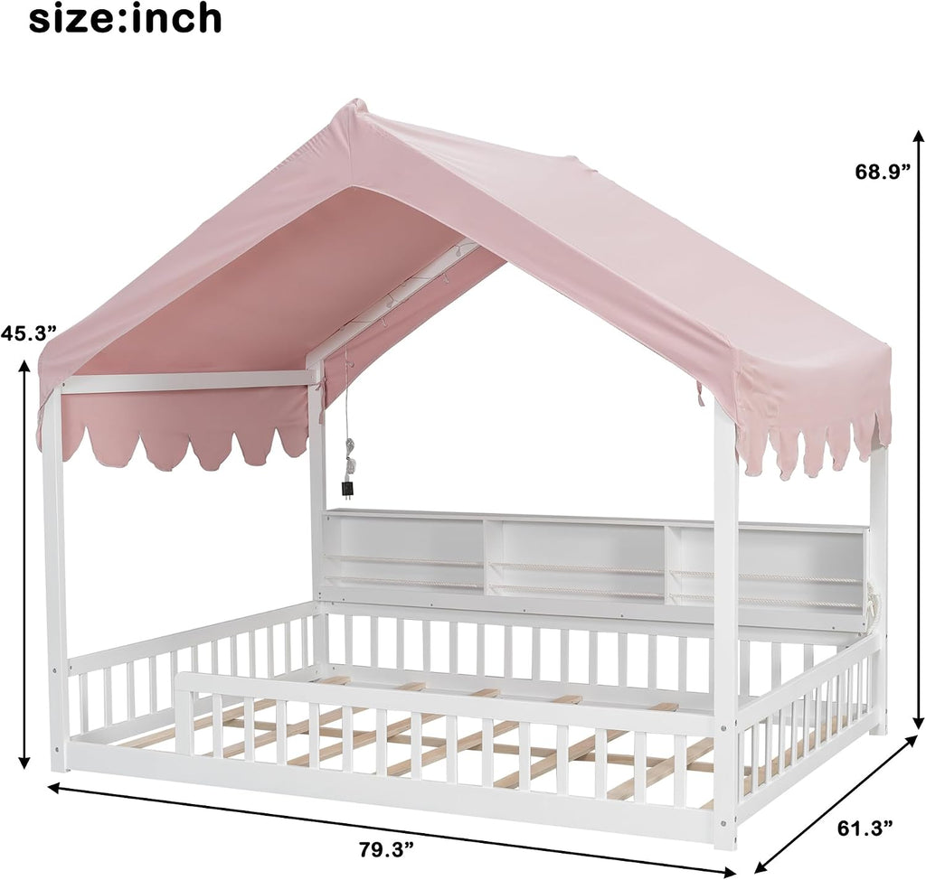 House Floor Bed with Storage Shelves for Kids, Wooden Montessori Floor Bed with Fence, LED Light, and