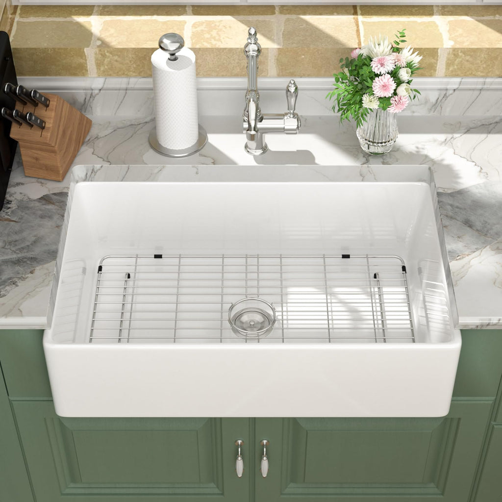 White Fireclay Farmhouse Sink 33x20x9 Inch Ceramic Apron Front Farm Sinks with Bottom Grid & Drain