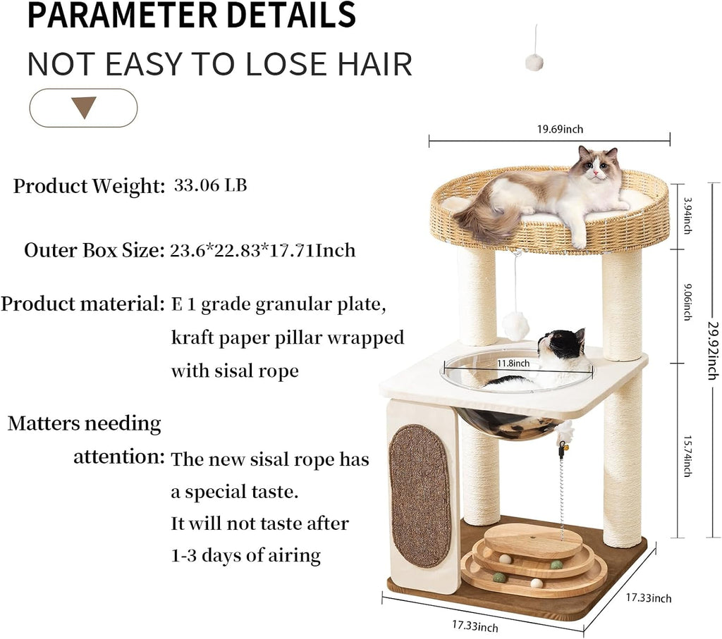 Modern Cat Tree for Indoor Cats, 30 in Cat Tower with Basket Bed