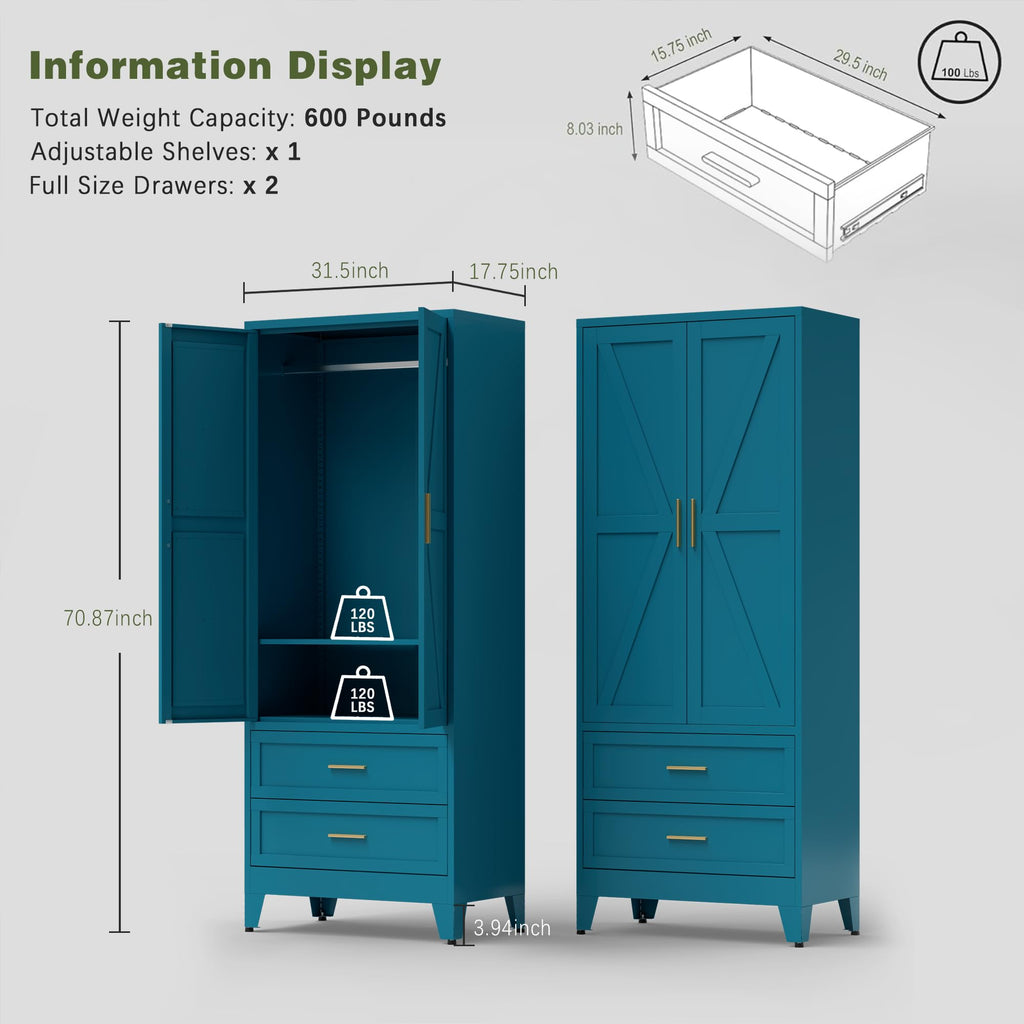 71 Farmhouse Metal Wardrobe Closet with Hanging Rod, 2 Barn Doors, Adjustable Shelves, Steel Armoire with Drawer Green