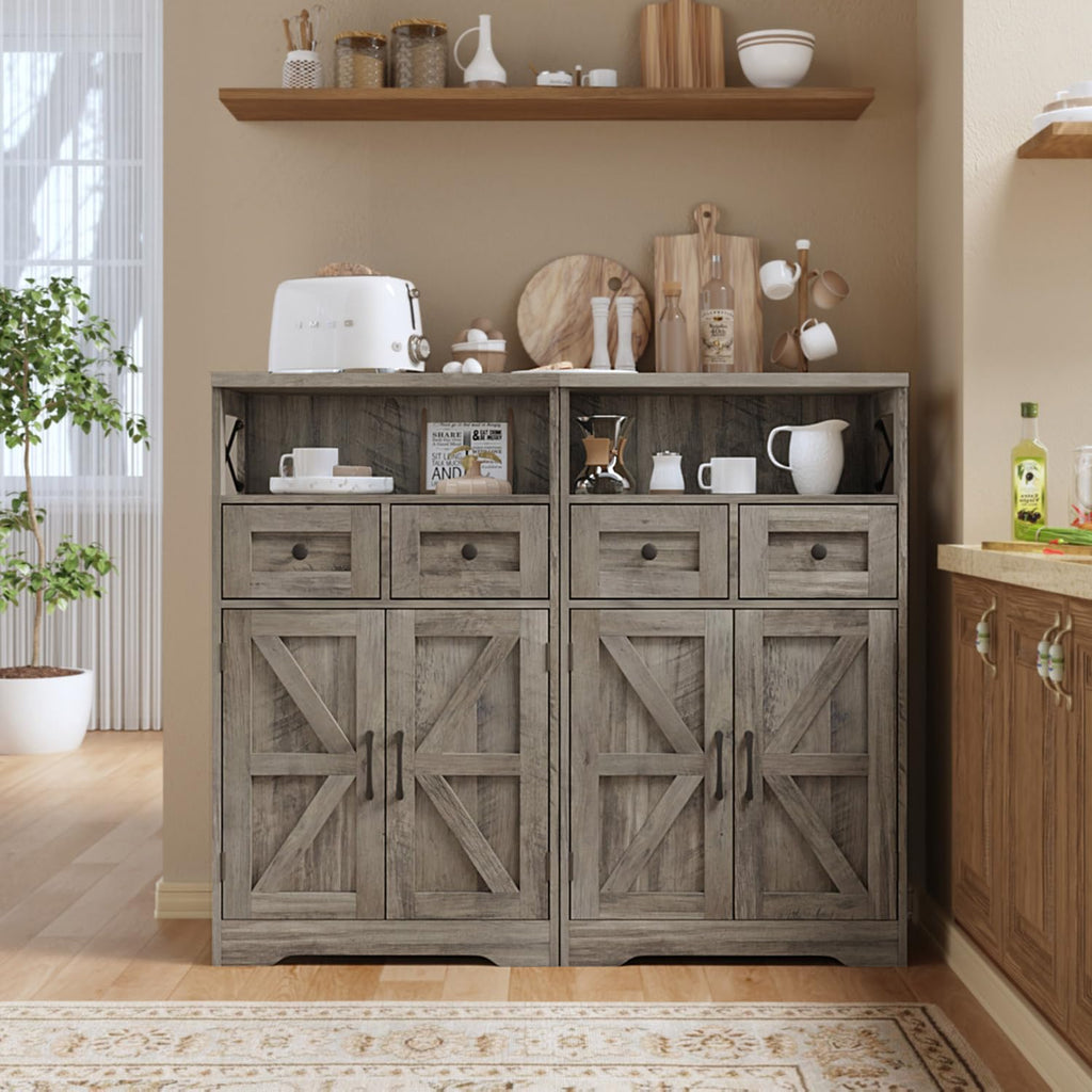 Farmhouse Storage Cabinet with Drawers and Shelf, Freestanding Kitchen Pantry Hutch, Rustic Grey