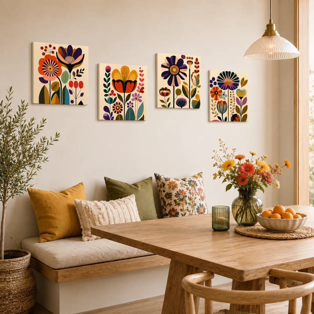 Mid Century Modern Floral Wall Art Set of 4, 12 x 12 Inch