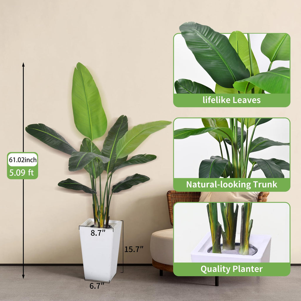 Bird of Paradise Plant Artificial 5ft, Faux Plants Indoor with White Planter, Fake Tree with Lifelike Leaves, The