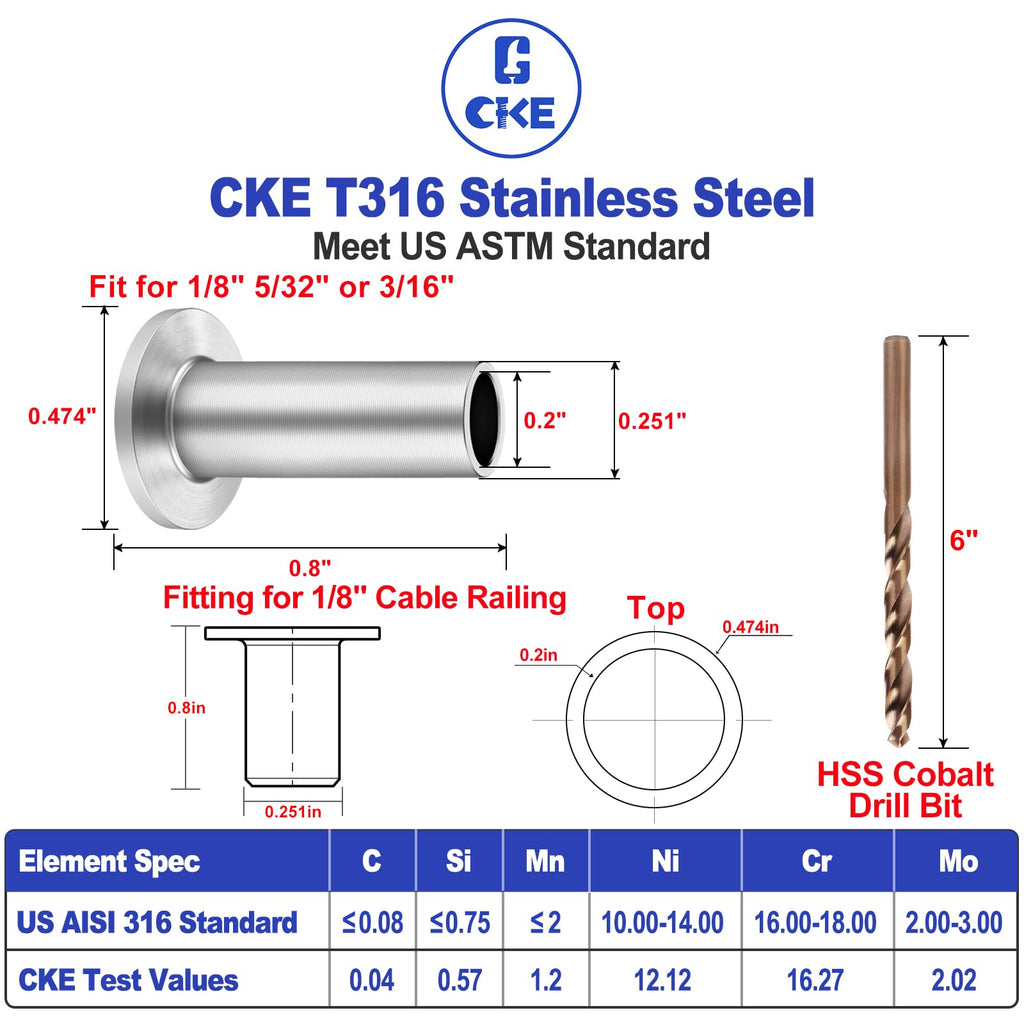 100 Pack T316 Stainless Steel Protector Sleeves for 1/8" 5/32" or 3/16" Wire Rope Cable Railing, Marine Grade