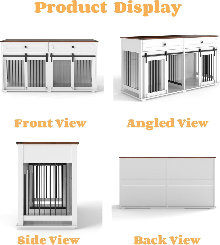 63" Large Dog Crate Furniture for 2 Dogs with Drawers and Sliding Door