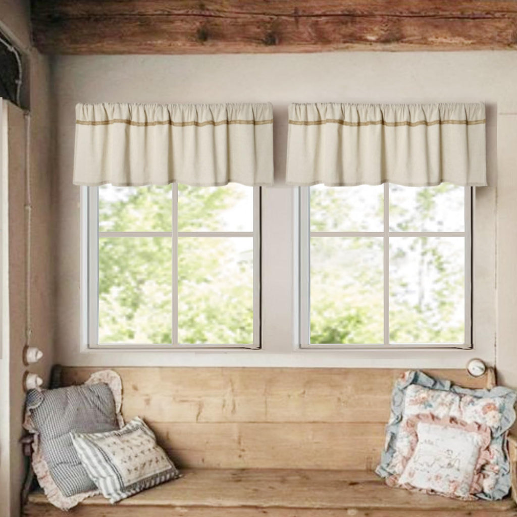 2 Pack Cotton Linen Valance with Burlap Lace Trim 12 inch Length