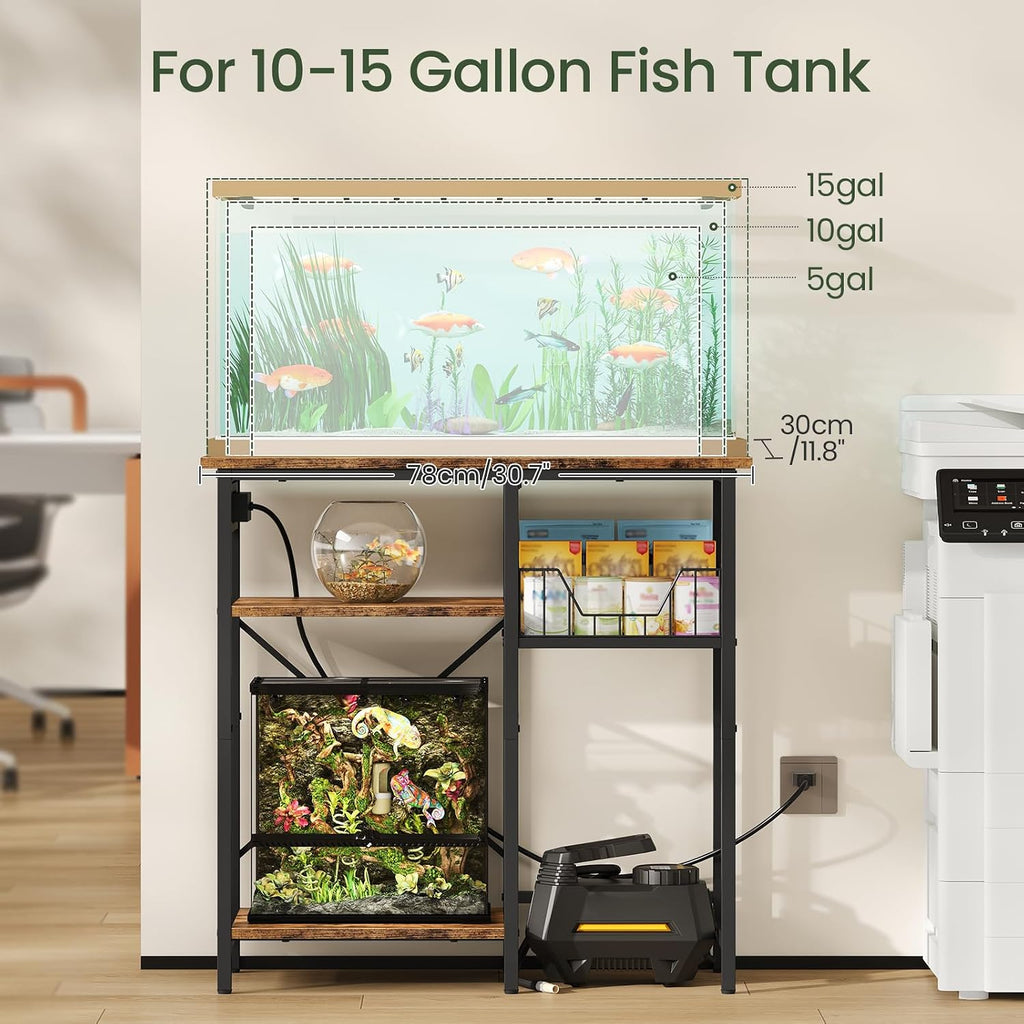10-20 Gallon Fish Tank Stand with Power Outlet, 3 Tier Aquarium Stand with Wire Storage Basket, Reptile Tank Stand