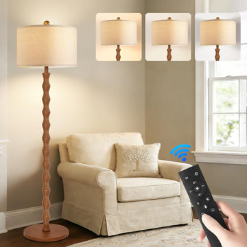 Wood Floor Lamp with 3 Color Temperatures, Boho Floor Lamp with Remote Control, Dimmable Vintage Floor Lamp Mid Century