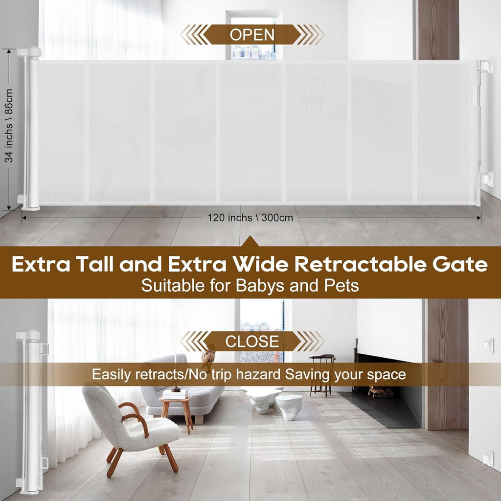 100 inch Reinforced Retractable Baby Gates 34 inch Tall