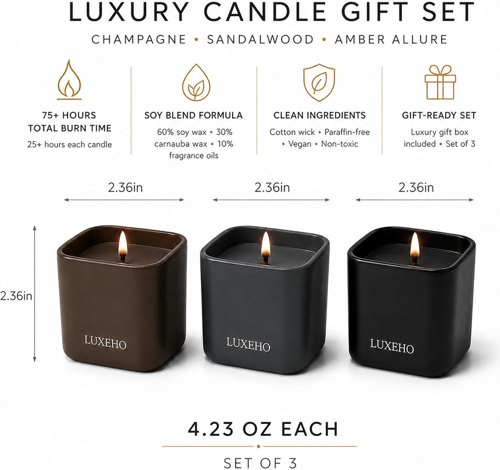 Luxury Scented Candle Set 3-Pack | Home Decor & Giftable Soy Candles | Champagne, Sandalwood & Amber | 75h Burn Time - Set of 3