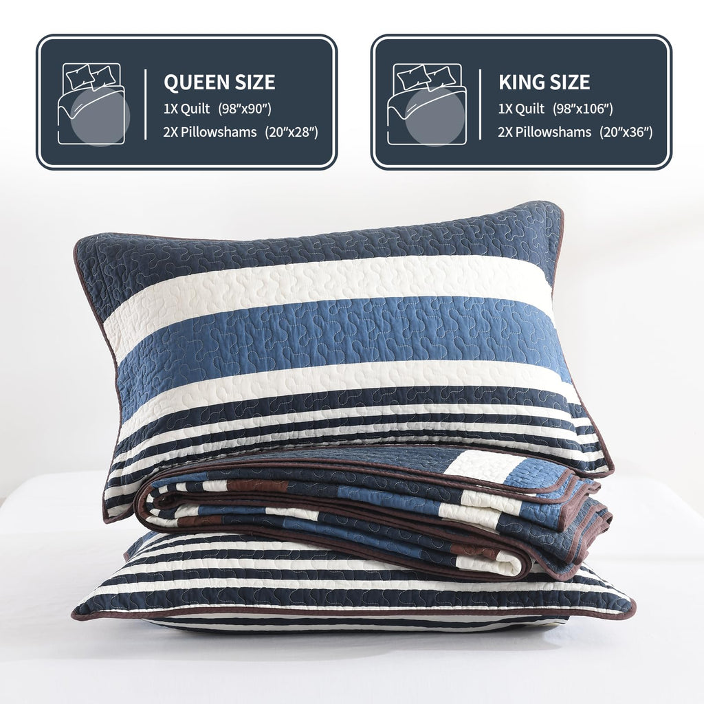 100% Cotton Quilt Set, Modern Stripe Pattern, Navy/Brown