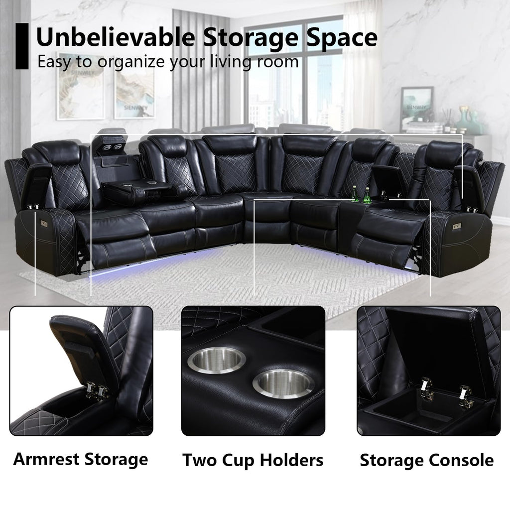 Black Leather Power Reclining Sectional Sofa, Sectional Couch with Recliner, L Shaped Recliner Sofa with LED Light/Read