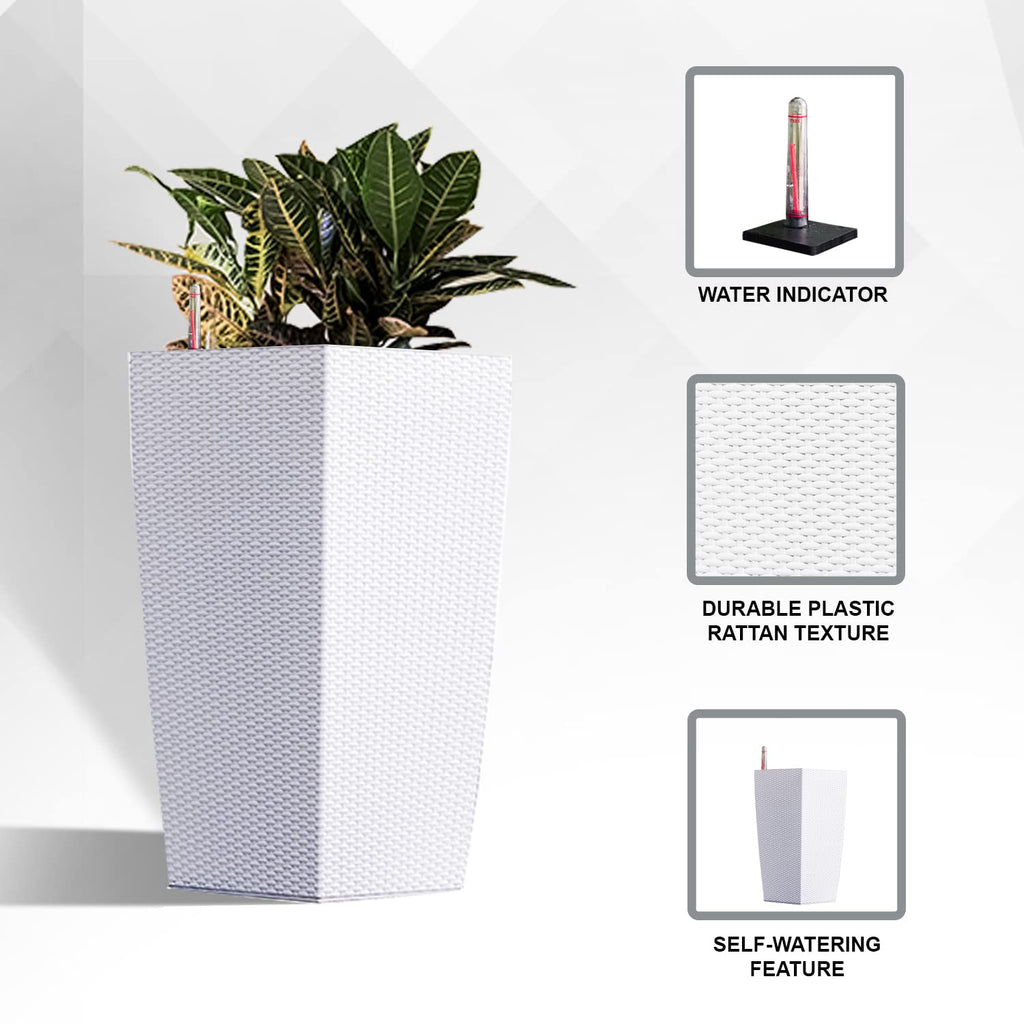 30" H White Rattan Self Watering Indoor Outdoor Square Planter Pot, Tall Decorative Gardening Pot, Home Décor Accent