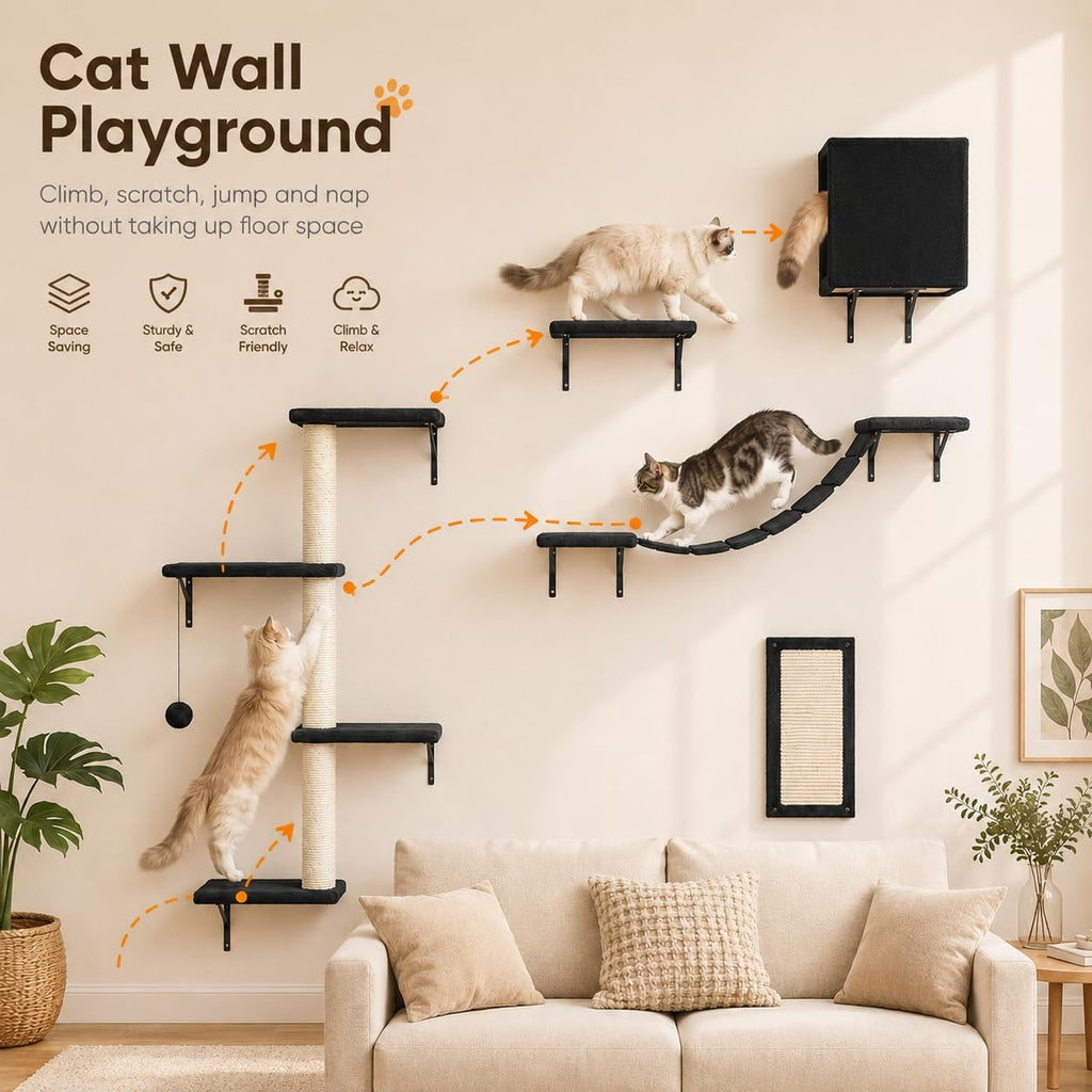 Modern Wall-Mounted Cat Furniture - 5pcs Cat Wall Shelves, Wooden Climber Includes House, Bridge, Tree, Steps