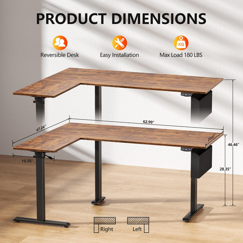63" L Shaped Standing Desk Height Adjustable Memory Presets