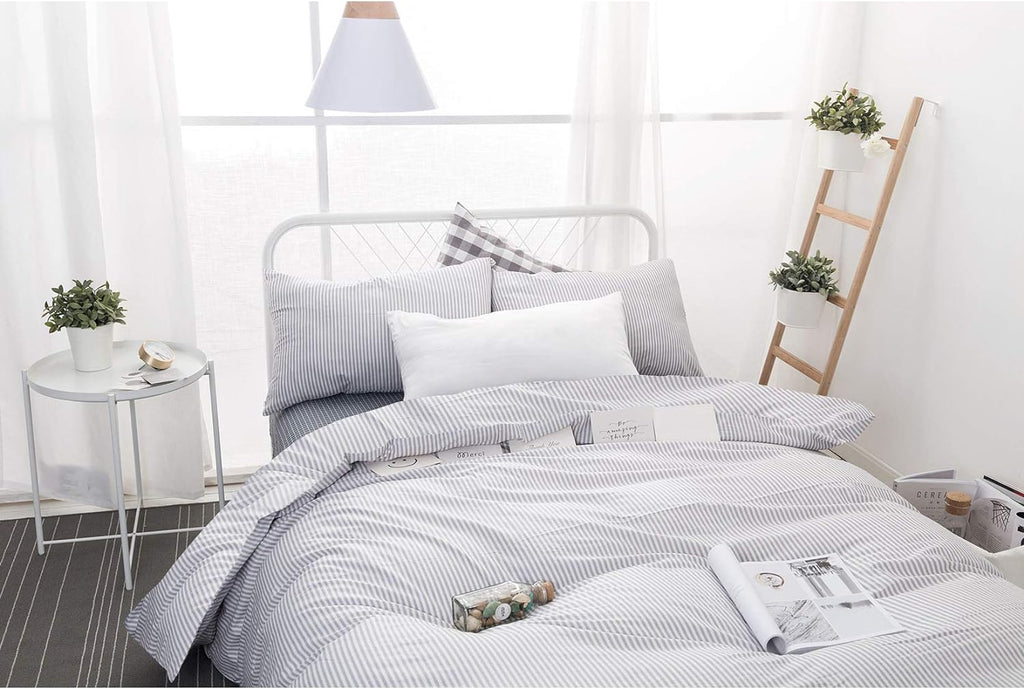 Striped Cotton Duvet Cover Set, Ticking Stripe Pinstripe Farmhouse, 100% Cotton Bedding Set, 3 Pieces, Gray White, King