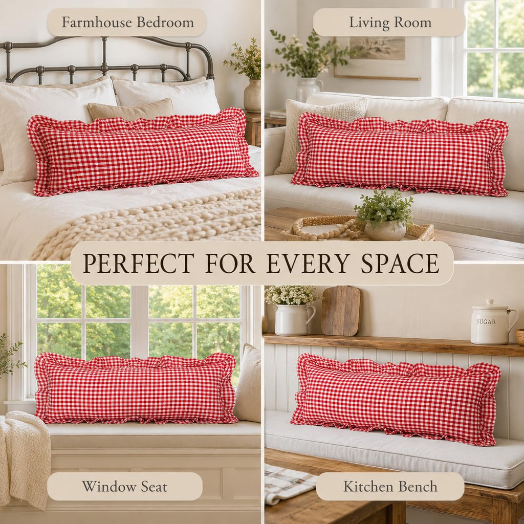 Ruffled Lumbar Pillow Cover 14x36 Gingham Red