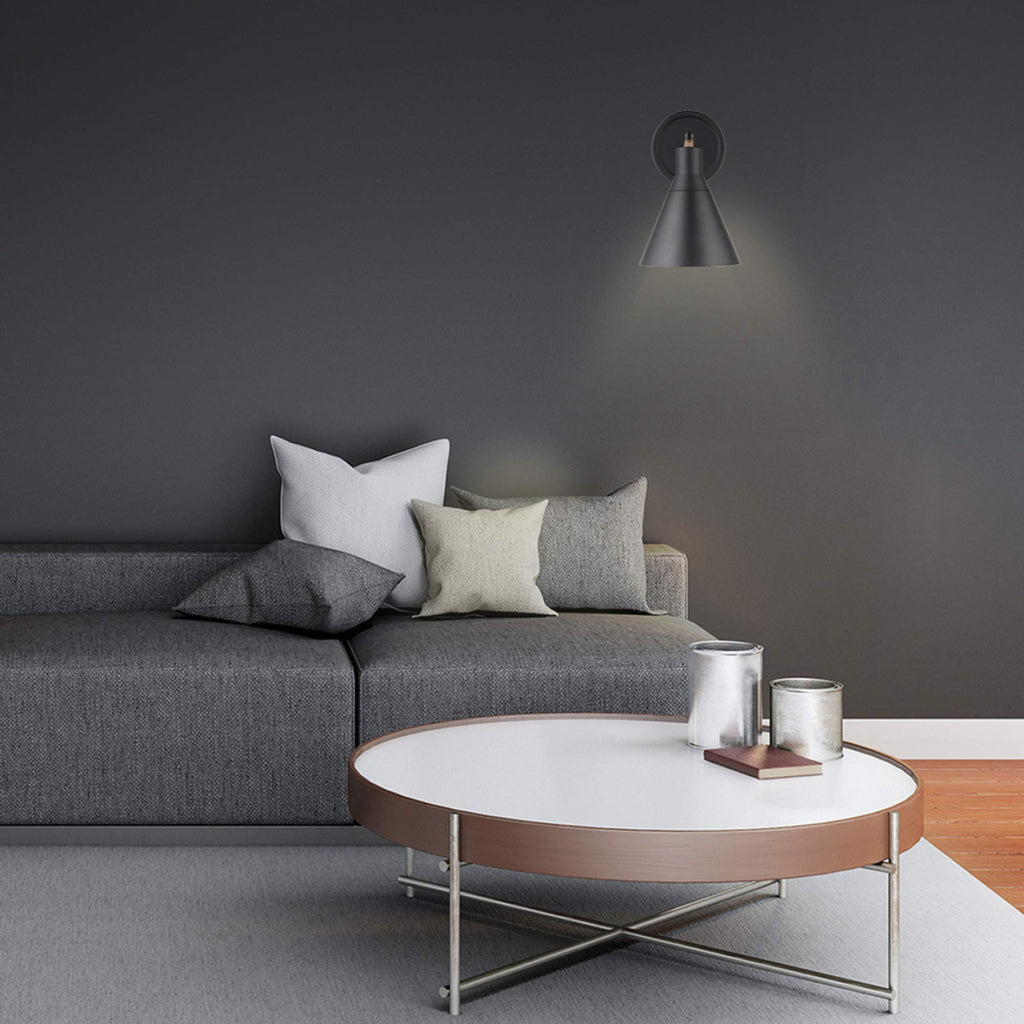 Dimmable Plug-in or Hardwire Wall Sconce, Matte Black, Faux Walnut Accent, Stepless Dimming Rotary Switch on