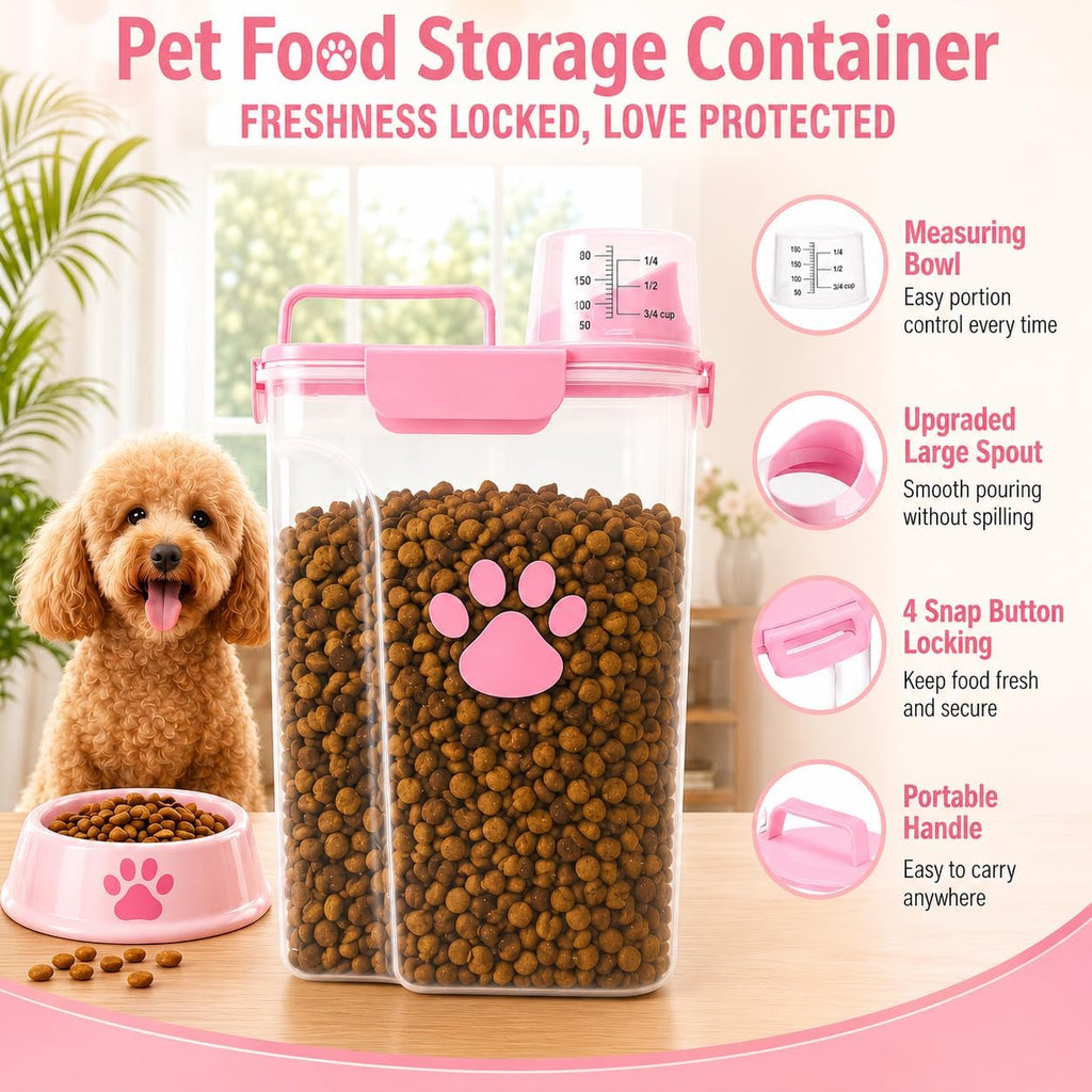 5-7Lbs Airtight Dog Cat Food Storage Container with cleaning brush, Measuring Cup, 4 Snap Seals, Portable Pet Food