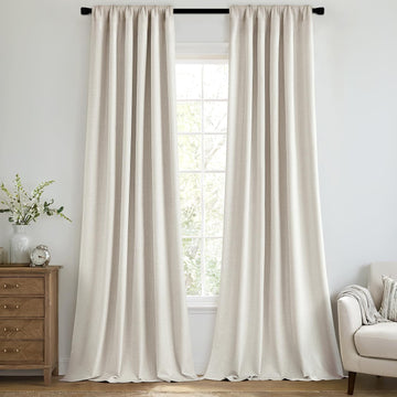 100% Blackout Back Tab Pleat Linen Curtains 50" Wx92 L,Birch - Set of 2
