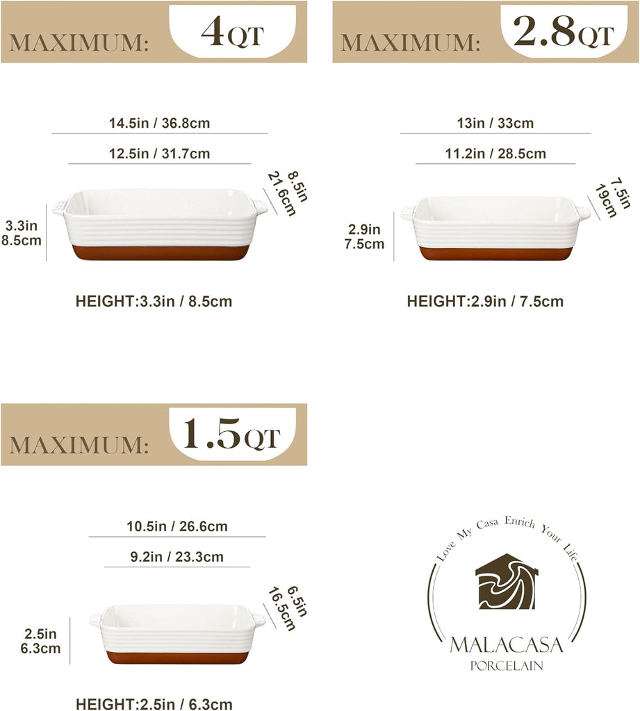 Casserole Dishes for Oven, Ceramic Dishes Set of 3, Pan Casserole Dish Set, Rectangular Lasagna Pan Deep with Handles