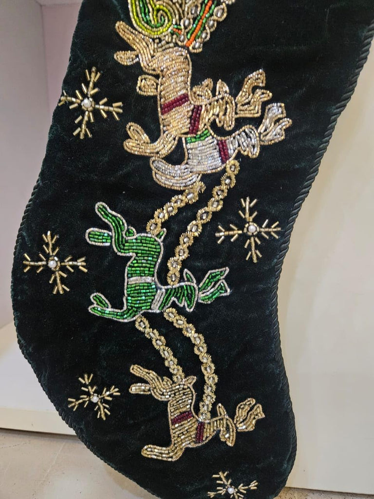 Handmade Dark Green Velvet Christmas Stocking 21"x7" - Beaded Santa & Reindeer Design | Luxury Embroidered Holiday