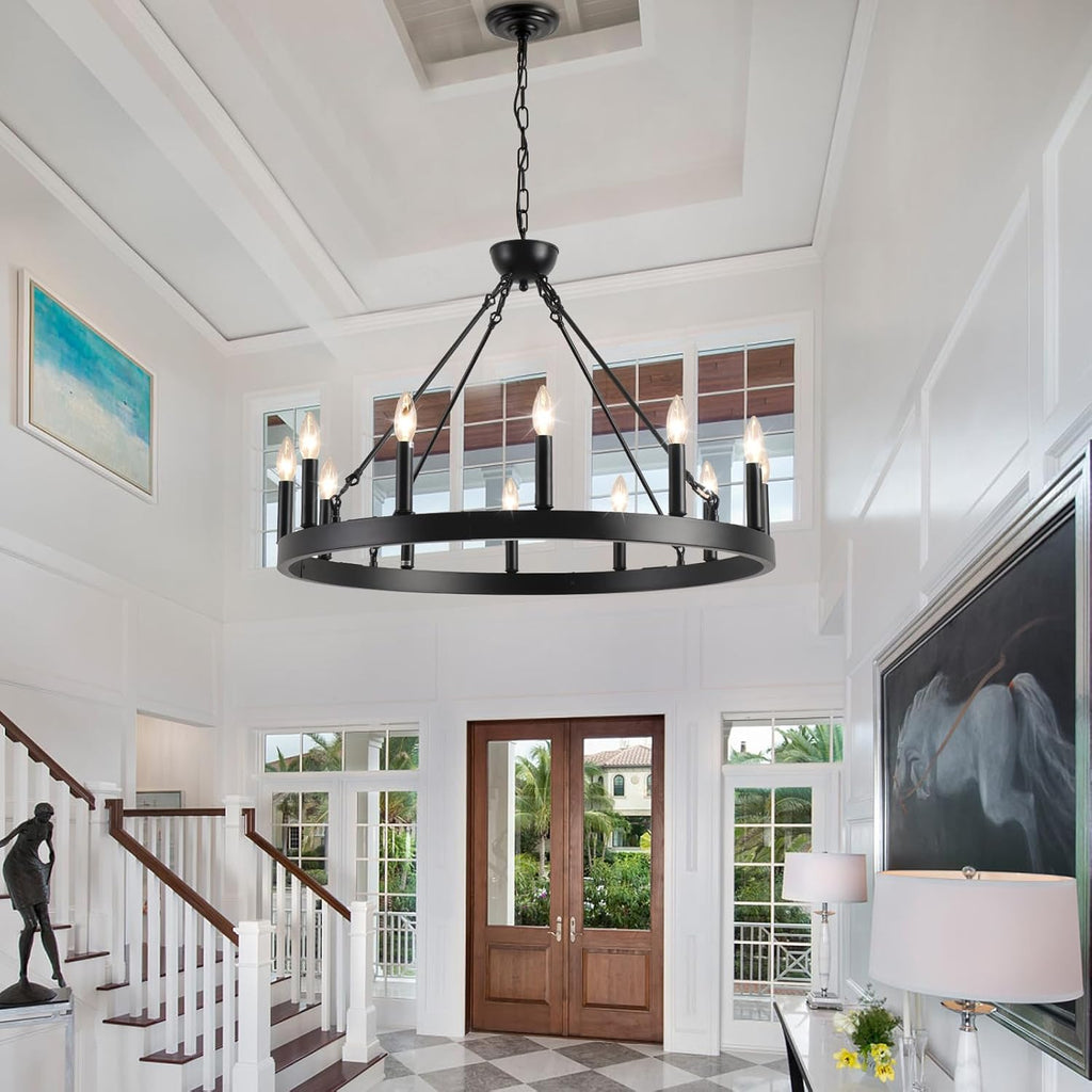 Inspired Camino Style Chandelier - Wagon Wheel Chandelier 32" 12-Light, Round Black Chandeliers Farmhouse Modern Wagon Wheel Light Fixtures, for High Ceiling Dining Living Room, Foyer, Entryway A105-B0CGZQSZV1