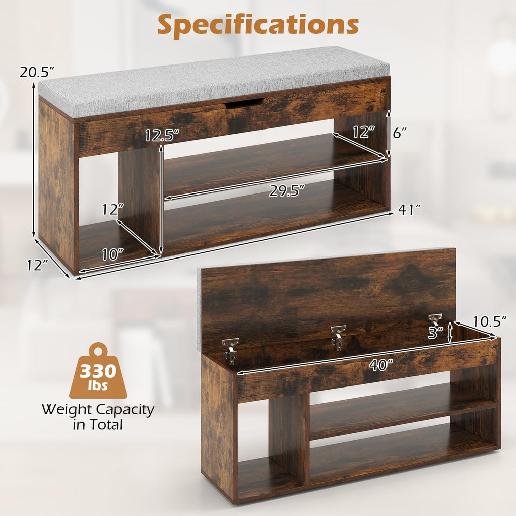 41 Inches Shoe Storage Bench, 3 Tier Shoe Rack Organizer w/Flip-Top & Padded Seat Cushion, Shoes Rack w/Hidden