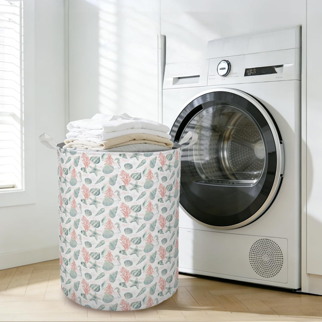 Coastal Beach Laundry Basket Hamper, Ocean Nursery Decor, Blue Seahorse Seashell Starfish Coral Foldable Clothes Toys