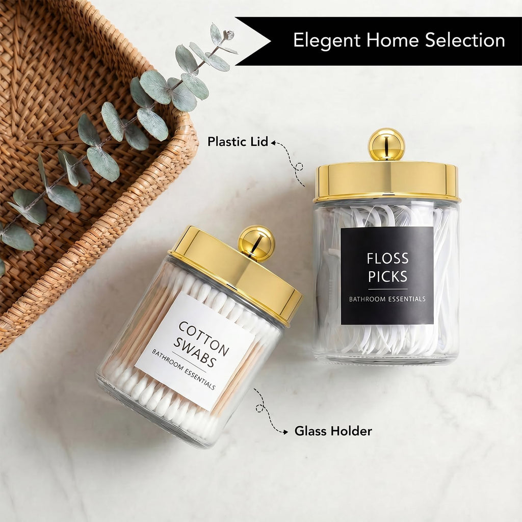 Glass Apothecary Jars Qtip Holder w/Plastic Lids, Gold 4pc