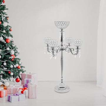 Elegant 35inch 5-Arm Crystal Candelabra with Flower Vase and Hanging Crystal Drops, Iron Taper Candle Holder Stand