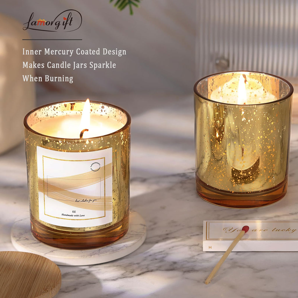12 Pack Gold Mercury Glass Candle Jars (10oz) with Lids - Candle Makes Accessory Set Including 15 Labels