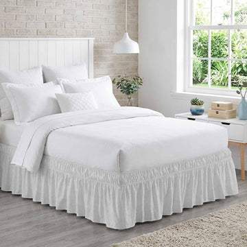 Wrap Around Bed Skirts for Beds, Farmhouse Light Gray Flax Ruffle Bed Skirt with Adjustable Elastic Belts Easy