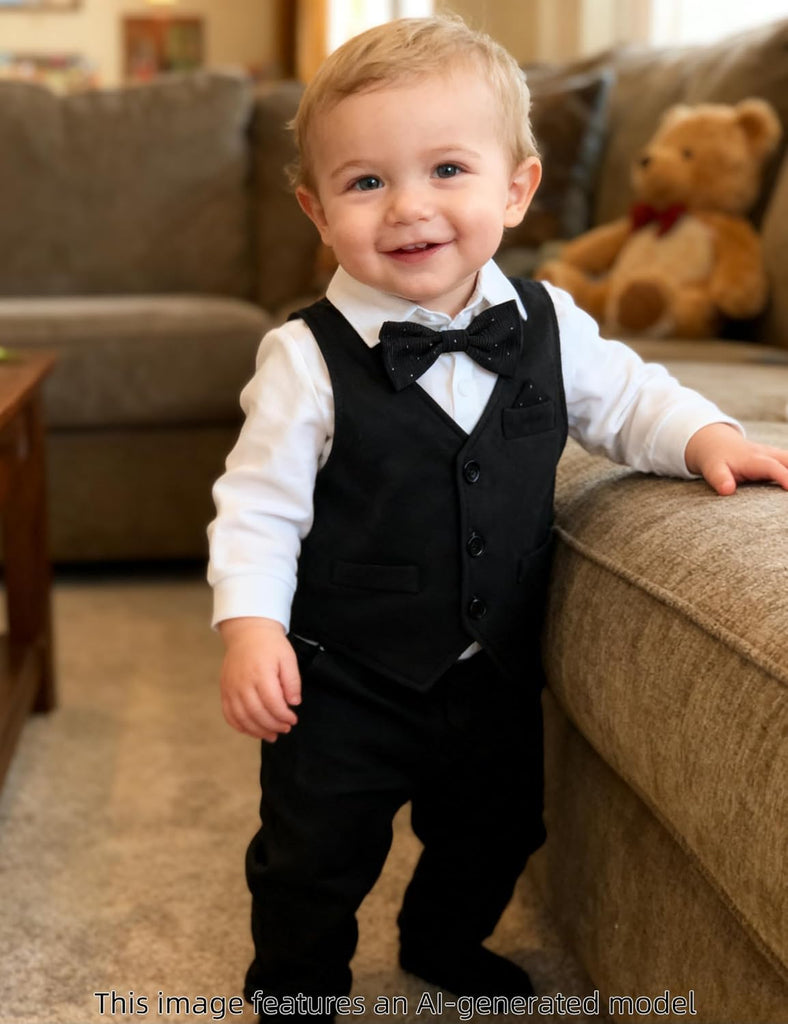 4Pcs Baby Boy Suits Dress Outfit Shirt Pants Bowtie Vest Set 3