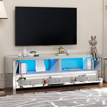 Silver Mirrored TV Stand for TVs Up to 65 Inches, LED TV Stand Modern Entertainment Center with Drawers & Open