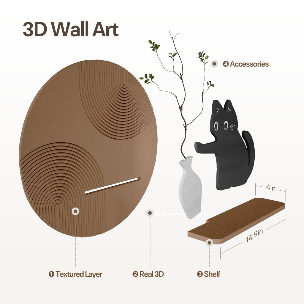 3D Textured Round Cat Wall Art, Modern Minimalist Wall Decor, 24x24 Inch