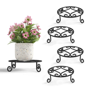 4 Pack 10" Diameter Metal Outdoor Plant Stand Indoor, Black Heavy Duty Potted Holder, Round Anti-Rust Wrought Iron