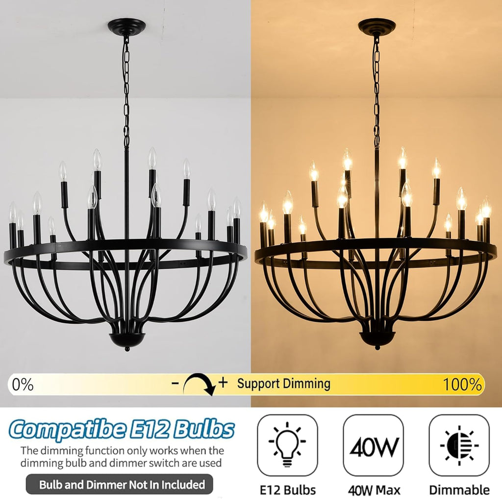 Black Chandelier 18-Light Industrial Iron Candle Chandelier Modern Suspended Farmhouse Chandeliers Pendant Light Fixtures for Dining Room Bedroom Living Room Kitchen Island Foyer E12 Bulb A109-B0CNGGNY2T