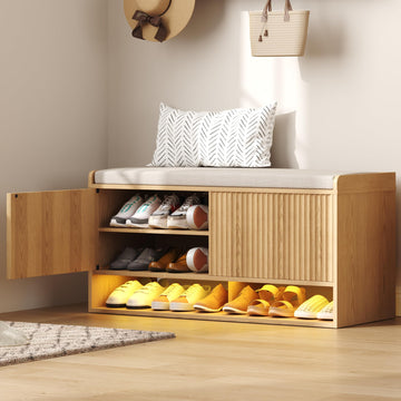 39.4" Fluted Shoe Storage Bench, Entryway Bench with Linen Seat Cushion, Shoe Cabinet Bench with Adjustable Shelf and