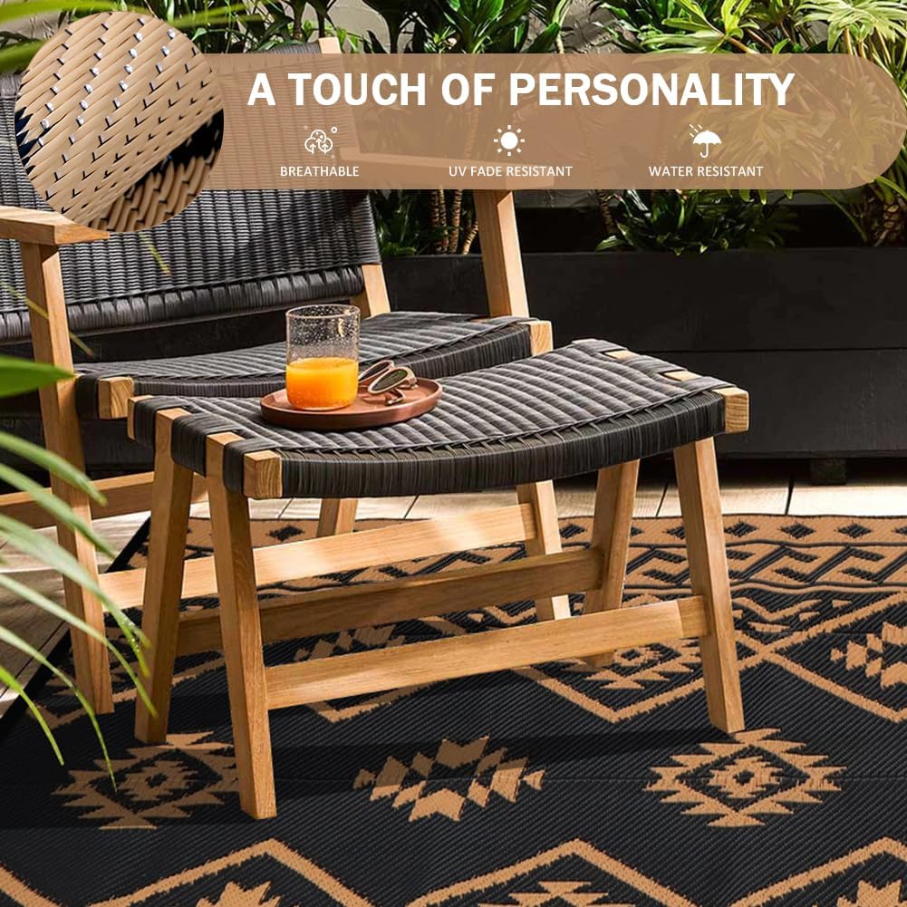 Outdoor Rug Waterproof Patio Rug Plastic Rug Black & Brown