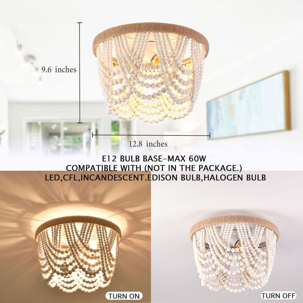 Wood Beaded Flush Mount Ceiling Light Antique Rustic Mini Chandelier Light White Boho Light Fixture