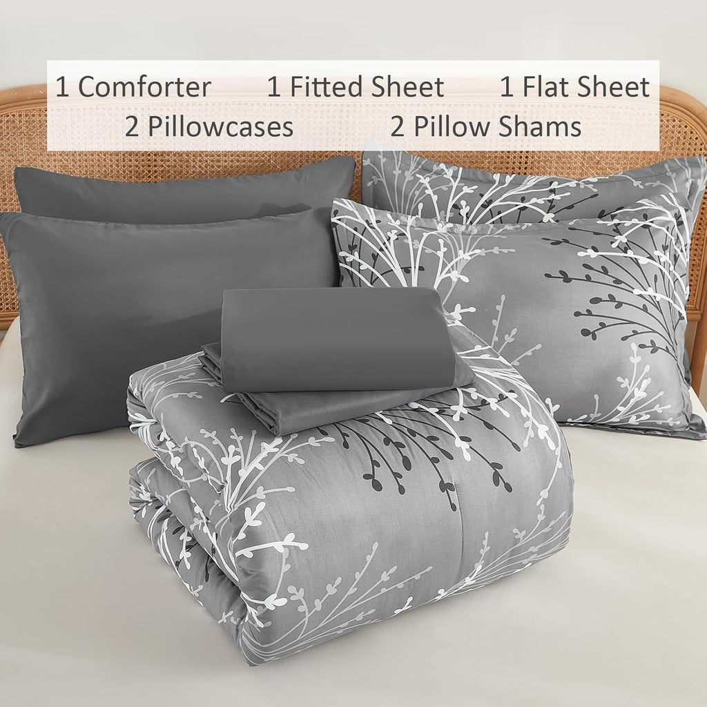 DJY Gray Comforter Set Queen Branch Botanical Bed in a Bag 7 Piece Grey Floral Comforter